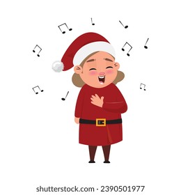 Cartoon illustration of a cute Christmas elf singing a song and music notes around
