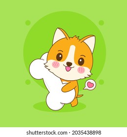 cartoon illustration cute corgi dog character brings big bone