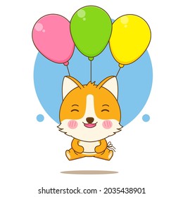 cartoon illustration cute corgi dog character floating and balloons