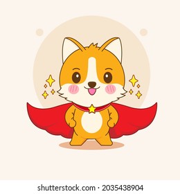 cartoon illustration cute corgi dog character and red cloak as superhero