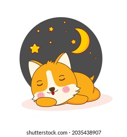 cartoon illustration cute corgi dog character sleeping at night