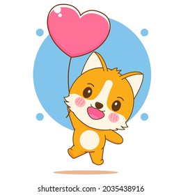cartoon illustration cute corgi dog character flying and love balloon