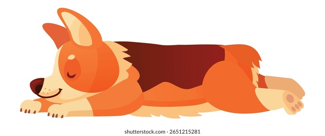 Cartoon illustration of a cute corgi dog sleeping peacefully, taking a nap with its eyes closed, lying on its side, a heartwarming scene of animal rest