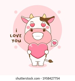 Cartoon illustration of cute cow character holding love