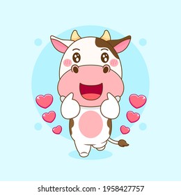 Cartoon illustration of cute cow character posing love finger