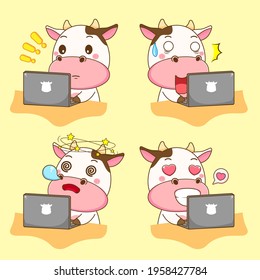 Cartoon illustration of cute cow character working on laptop with different expression