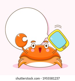 Cartoon-Illustration süßer Krabbenfigur mit Telefon und Ballon-Chat