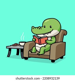 Cartoon illustration of cute crocodile sitting in the chair while reading a book