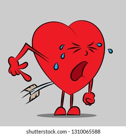 Cartoon illustration of a cute crying heart with an arrow, vector illustration