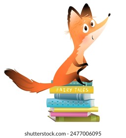 Cartoon illustration of a cute curious fox character sitting on stack of books. Fox animal character for children reading and school education. Vector graphics for kids, isolated clip art.