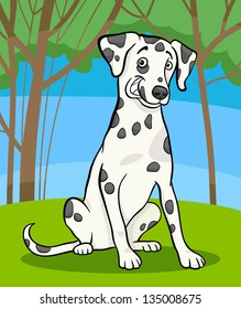 Cartoon Illustration of Cute Dalmatian Purebred Dog and Rural Scene