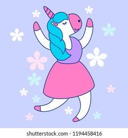 Cartoon illustration of cute dancing unicorn