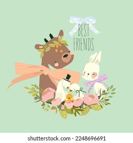 Cartoon Illustration with Cute Deer, Rabbit and Birds