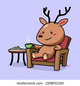 Cartoon illustration of cute deer sitting in the chair while holding a tea cup