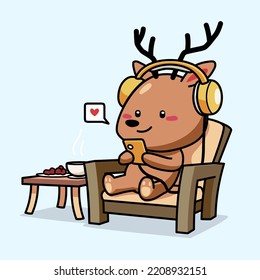 Cartoon illustration of cute deer wear a headphone sitting in the chair while playing with a smartphone and listening music