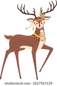 Cartoon illustration of a cute deer wearing a colorful tribal costume including feather headdress and necklaces, standing proudly on a white background