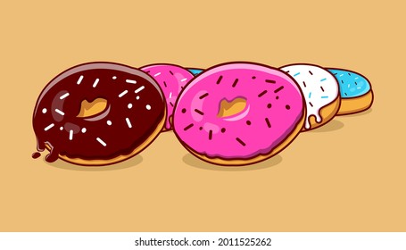 
Cartoon illustration of cute and delicious color variations of donuts