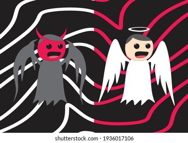 A cartoon illustration of cute devil and angel