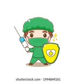 Cartoon illustration of cute doctor holding shield and injection. Chibi character with isolated white background