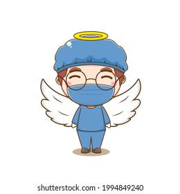 Cartoon illustration of cute doctor with wings as an angel. Chibi character with isolated white background