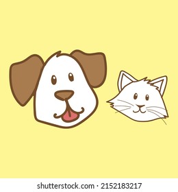 cartoon illustration of cute dog and cat with heart and yellow background with yellow background 