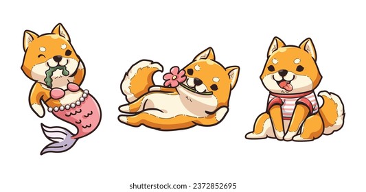 Cartoon illustration of cute dog sitting, Cute dog reclining, and a dog that turned into a mermaid, Cute Shiba inu cartoon vector. Cute cartoon character.