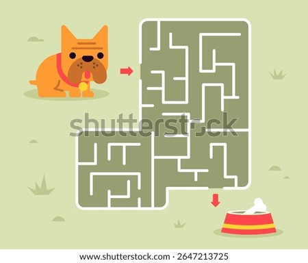 Cartoon illustration of a cute dog solving a maze to reach its food bowl with a bone. Fun and colorful pet-themed concept in flat vector style, perfect for kids and puzzles.