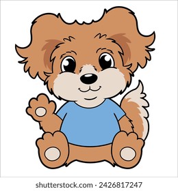 Cartoon illustration of cute dog waving hand on white background