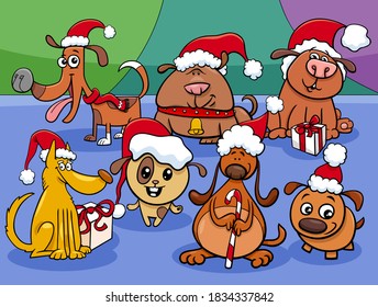 Cartoon Illustration of  Cute Dogs and Puppies Animal Characters Group on Christmas Time