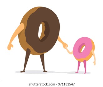 Cartoon illustration of cute donut father and daughter holding hands