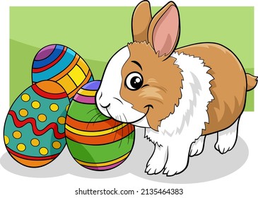Cartoon illustration of cute Easter Bunny character with colored Easter eggs