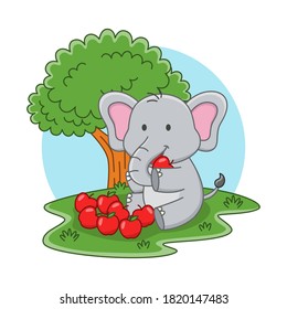 Cartoon illustration cute elephant eating an apple