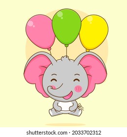Cartoon illustration of cute elephant floating with colorful balloon