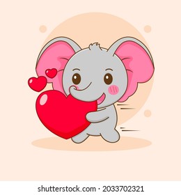 Cartoon illustration of cute elephant holding love heart