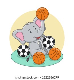 Ilustración de dibujos animados de un elefante lindo jugando a la pelota