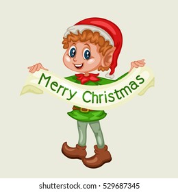 Cartoon Illustration of a Cute Elf with a Merry Christmas Banner