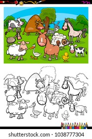 Cartoon Illustration of Cute Farm Animal Characters Group Coloring Book Activity