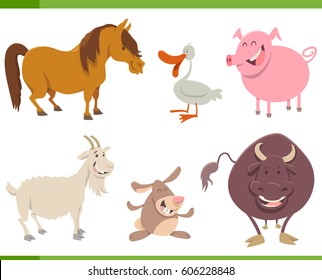 Cartoon Illustration of Cute Farm Animal Characters Set