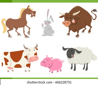 Cartoon Illustration Of Cute Farm Animals Set