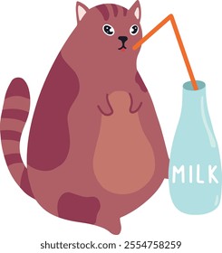 Cartoon illustration of a cute, fat, brown and purple cat drinking milk from a blue bottle using an orange straw, isolated on white background