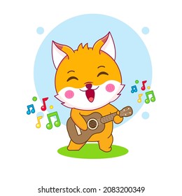 Cartoon illustration of cute fox character playing music