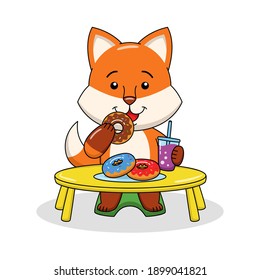 Cartoon illustration of a cute fox eating a donut