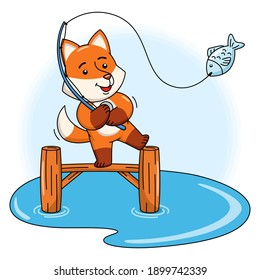 Cartoon illustration of a cute fox fishing a fish