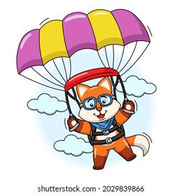 Cartoon illustration of a cute fox flying with a parachute