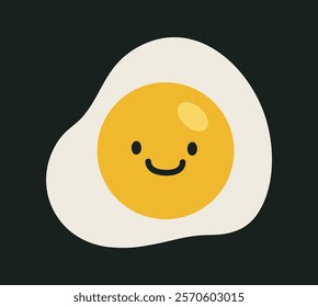 Cartoon illustration of a cute fried egg with a cheerful smiley face, featuring a vibrant yellow yolk and clean design on a simple black background. Creative concept. Vector illustration.