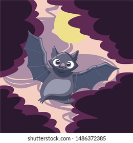 Cartoon illustration of cute friendly bat, flying in the sky with full moon and clouds. Design for Halloween. Banner, poster or card 