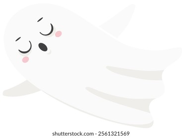 Cartoon illustration of a cute, friendly ghost floating with its eyes closed, yawning, and cheeks blushed, ideal for Halloween themed projects