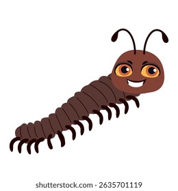 Ilustração de desenho animado de um personagem milipede bonito e engraçado com muitas pernas e um grande sorriso. Desenho para conteúdo educativo infantil