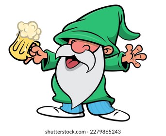 Cartoon illustration of Cute Garden Gnome drinking a Beer with a big cup of glass. Best for sticker, decoration, logo, and mascot with outdoor activities themes for kids