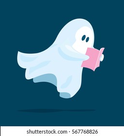 Cartoon illustration of cute ghost floating while reading a book